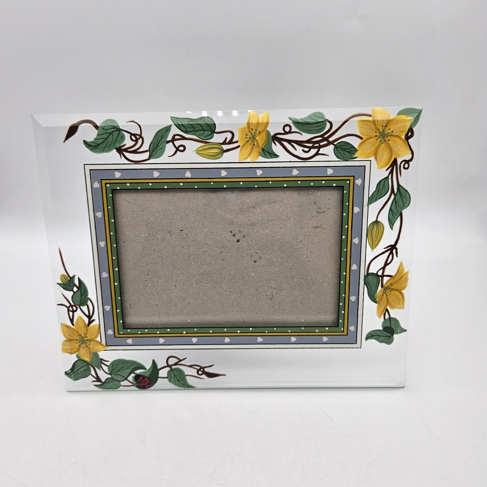Vintage Hand Painted Floral Glass Picture Photo Frame Ladybug Spring Garden 6x4